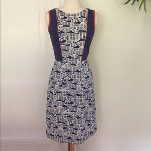 Blue and White Houses Print Cotton Sheath Dress